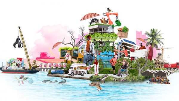 Ilustration av ett hus vid vatten, flera händelser pågår i bilden