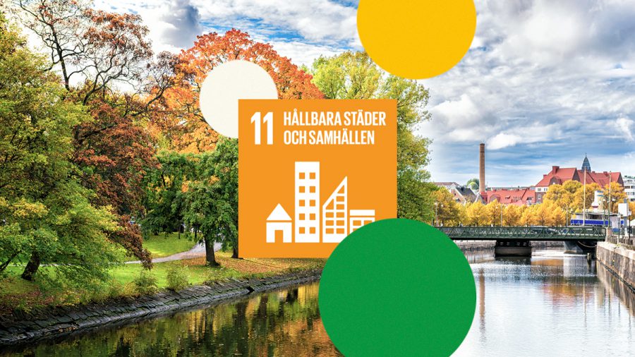 Illustrationen för FNs globala mål 11 med en park i bakgrunden