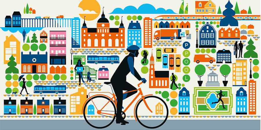 Färglad illustration av en stad med en cyklist i förgrunden