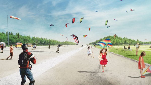 Illustration där flera barn och vuxna flyger drake på en asfalterad plan