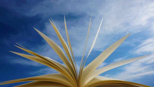 En bog med uppslagna sidor som en solfjäder i bakgrunden syns en blå himmel