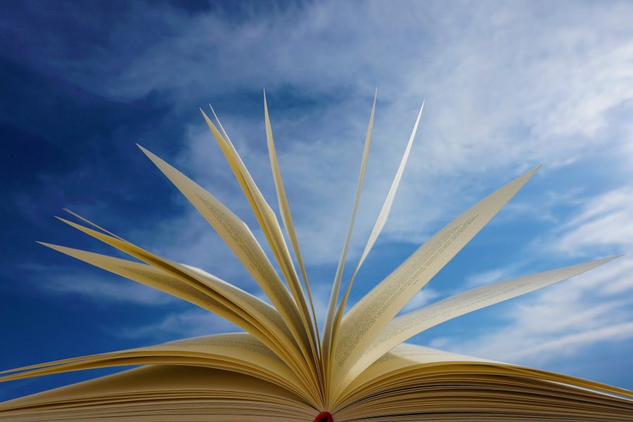 En bog med uppslagna sidor som en solfjäder i bakgrunden syns en blå himmel