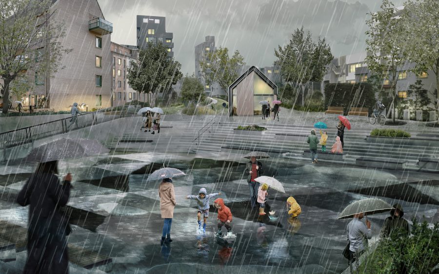 Illustration av ett vattenfyllt torg i dystopiskt ljus