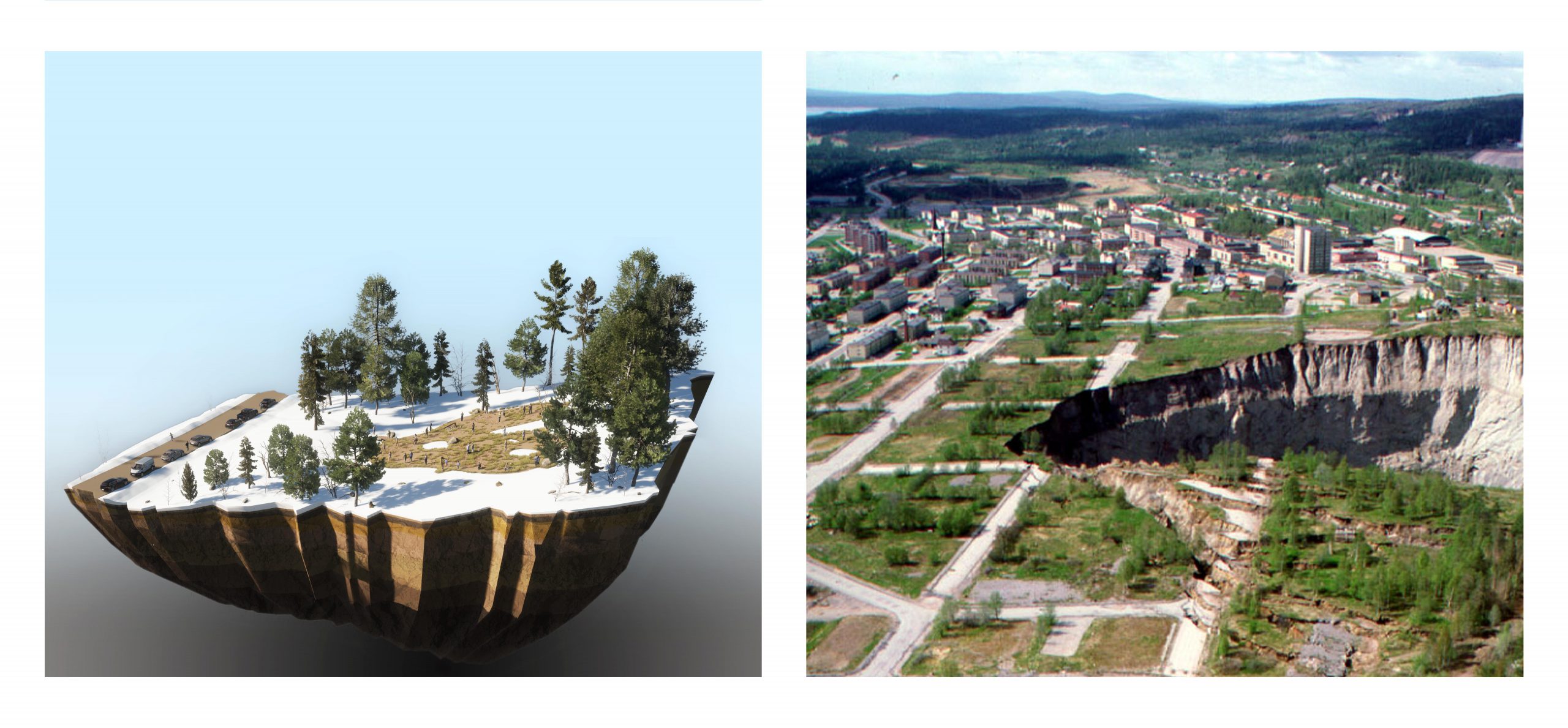Skisser på två bilder. Den ena ett utsnitt över jord och träd, den andra över samhället runtomkring det aktuella området i Gällivare.