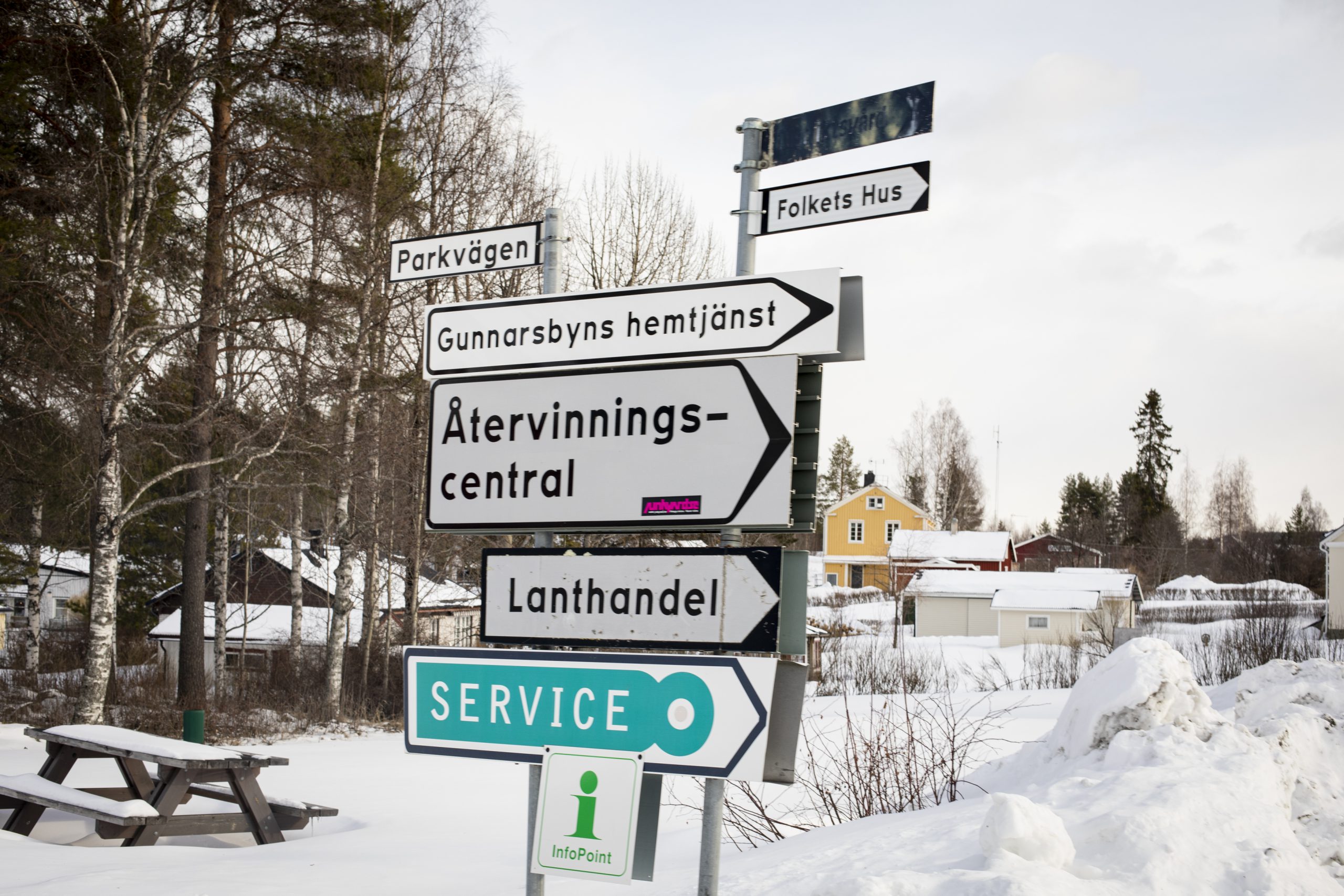 Vägskyltar i ett vinterlandskap