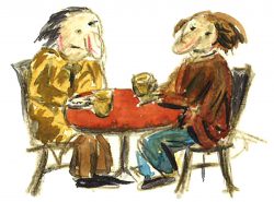 Två personer samtalar med arsin kopp kafé