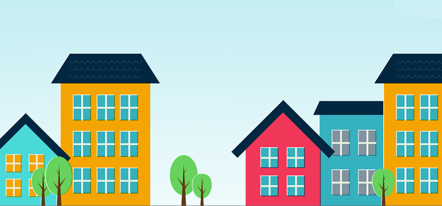 Teckning med hus och träd som illustration till Bostadsmötet i Uppsala 18-19 oktober 2023