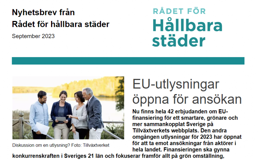 Print screen av Rådet för hållbara städers nyhetsbrev.