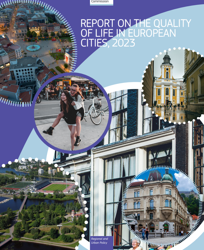 Livskvalitet i Europeiska städer - tävling. Bild på en rapport som föreställer ett bildmontage med bland annat byggnader, människor
