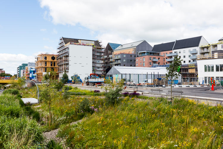 Regionernas integrerade hållbarhetsperspektiv. Foto på byggnader under uppförande, grässlänt och äldre byggnader.