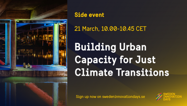 Building Urban Capacity. Loggabild med texten Building Urban Capacity for Just Climate Transitions på en brun platta.