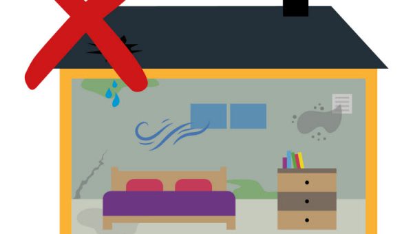 Allt fler störs av buller och dålig inomhusmiljö. Illustration av ett hus där det blåser in genom fönster och ventilation.