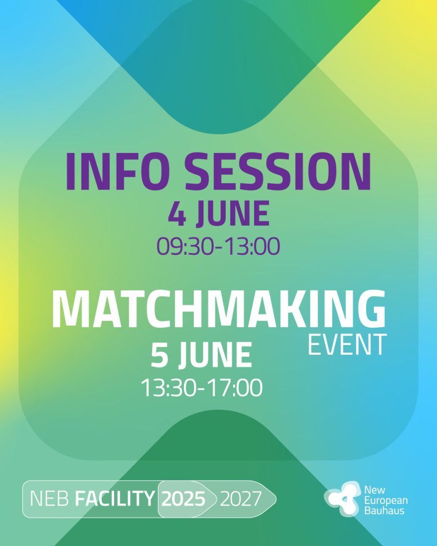 Grafisk poster i grönt och blått med text. Info session 4 june 9:30-13:00. Matchmaking 5 june 13:30 -17:00