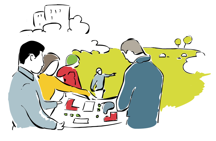 Personer står tillsammans och ser på en plankarta och pekar ut över ett område.